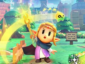 Zelda with a glowing staff in a vibrant outdoor setting.