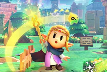 Zelda with a glowing staff in a vibrant outdoor setting.