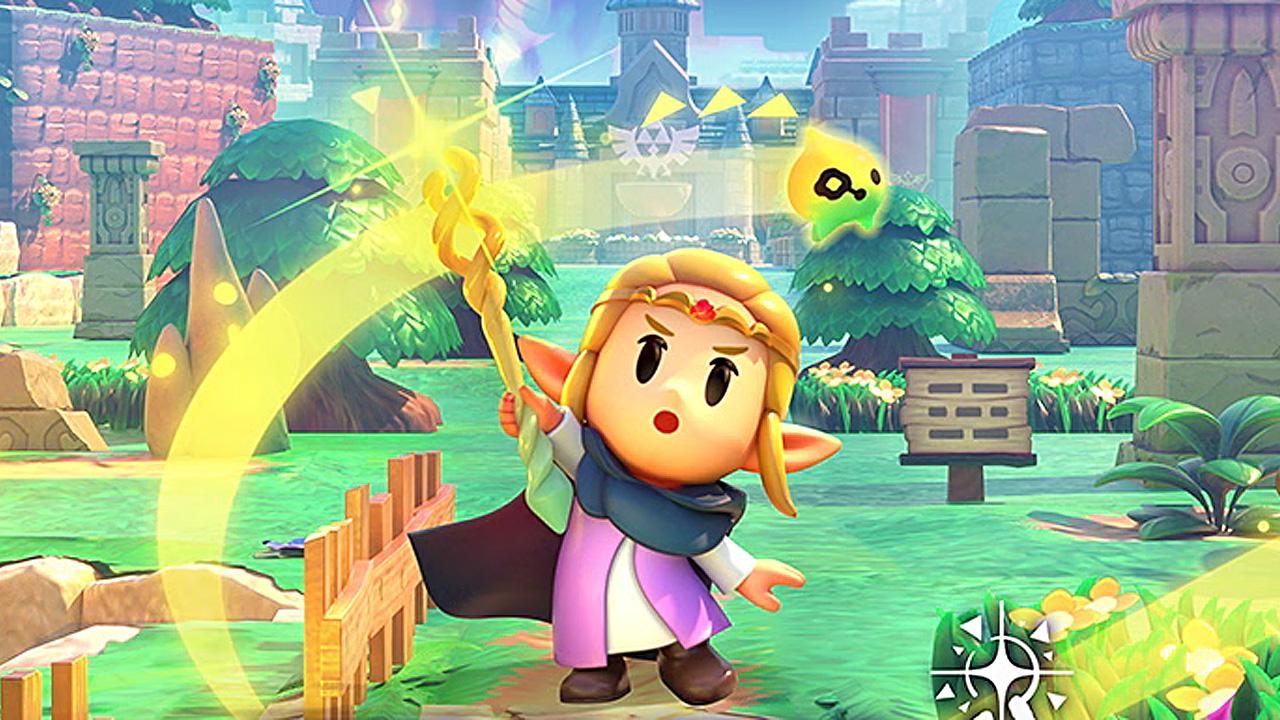 Zelda with a glowing staff in a vibrant outdoor setting.